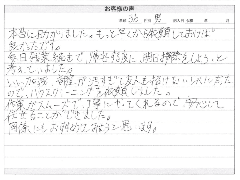 1人暮らしで仕事が忙しく依頼しました。